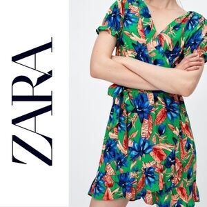 ZARA tropical floral print wrap dress xs